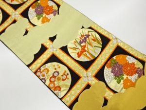 格子に花々・雲模様織出し袋帯